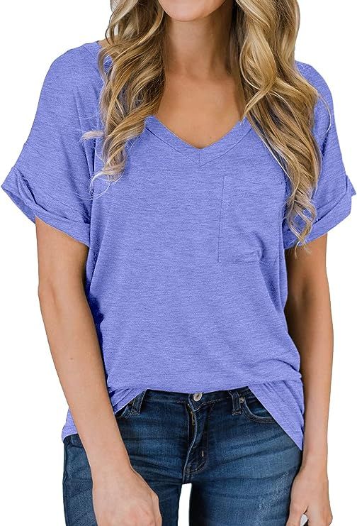 MIHOLL Women's Short Sleeve V-Neck Shirts Loose Casual Tee T-Shirt | Amazon (US)