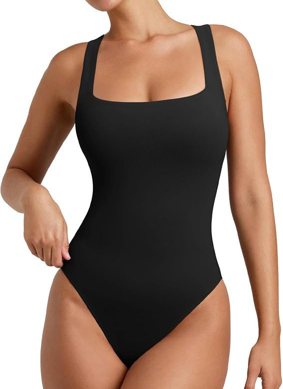 REORIA Butsmooth® Women's Sleeveless Square Neck Racerback Double Lined Slimming Thong Bodysuits | Amazon (US)