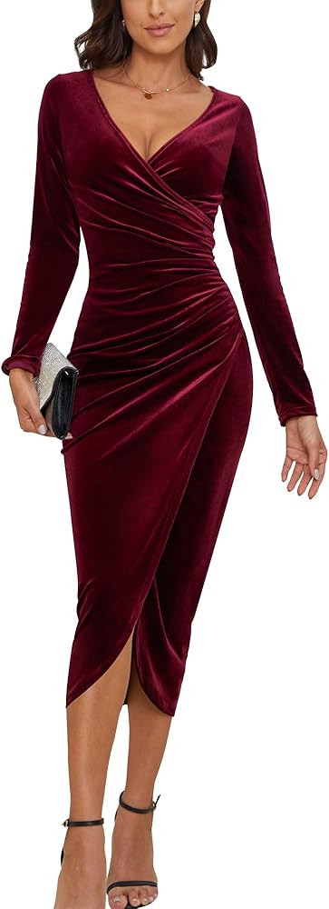 Women's V Neck Wrap Velvet Long Sleeve Elegant Bodycon Ruched Cocktail Party Maxi Dress | Amazon (US)