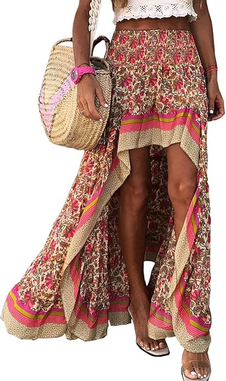BTFBM Women Boho Floral Print Long Skirt Dress Chic High Low Side Split Ruffle Hem Elastic Waist ... | Amazon (US)