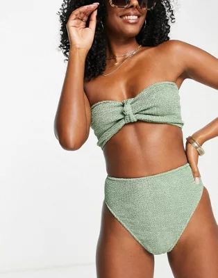 ASOS DESIGN mix & match knot bandeau crinkle bikini top in khaki | ASOS (Global)