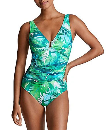 Lauren Ralph Lauren Cartago Tropical Palms Ring V-Neck Underwire One Piece Swimsuit - 16 | Dillard's