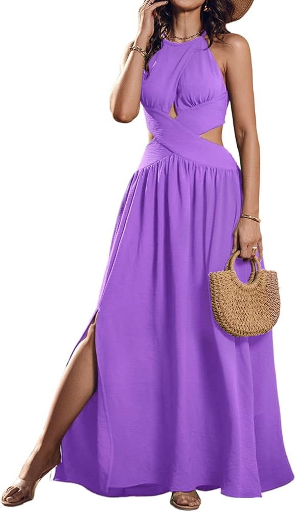 CHICME Women's Sleeveless Halter Neck Dress Criss Cross Tie Back Split High Maxi Dress | Amazon (US)