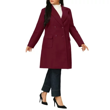 Unique Bargains Women s Plus Notched Lapel Double Breasted Long Coat Burgundy 2X | Walmart (US)