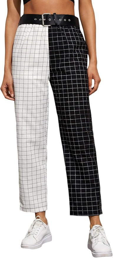 WDIRARA Women's Two Tone Plaid Print Elastic Waist Fashion Straight Leg Pants | Amazon (US)