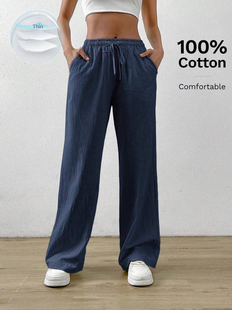 SHEIN EZwear Navy Blue Cotton And Linen Drawstring Waist Slant Pocket Wide Leg Pants | SHEIN