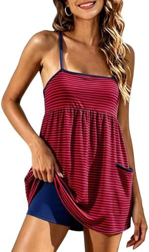 Lentta Women's Summer Athletic Mini Dress Built-in Shorts Striped Spaghetti Strap Tennis Romper P... | Amazon (US)
