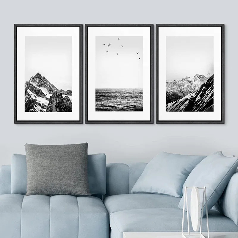 Noway Black White Snowy Winter Mountain Framed On Canvas 3 Pieces Print | Wayfair North America