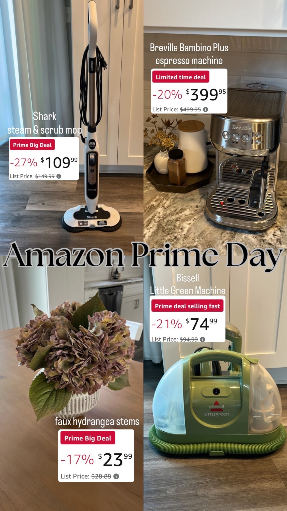 Amazon Prime Day Sales! Here are some of my favorite household items. I love using this Shark steam and scrub mop to clean our floors; you can always had a scent to the water if you want an added clean smell but otherwise I love that I’m not using any chemicals to clean with! I use my Breville Bambino Plus espresso machine EVERY DAY, and I’ve had it since around 2019 or 2020 and it still makes the best latte! These faux hydrangea stems are so realistic and the perfect fall decor. I’m always so glad I have this Bissell little green machine when something spills on the furniture or when the dogs get sick on our rugs; this cleans it right up!

#LTKFindsUnder100 #LTKSaleAlert #LTKFamily