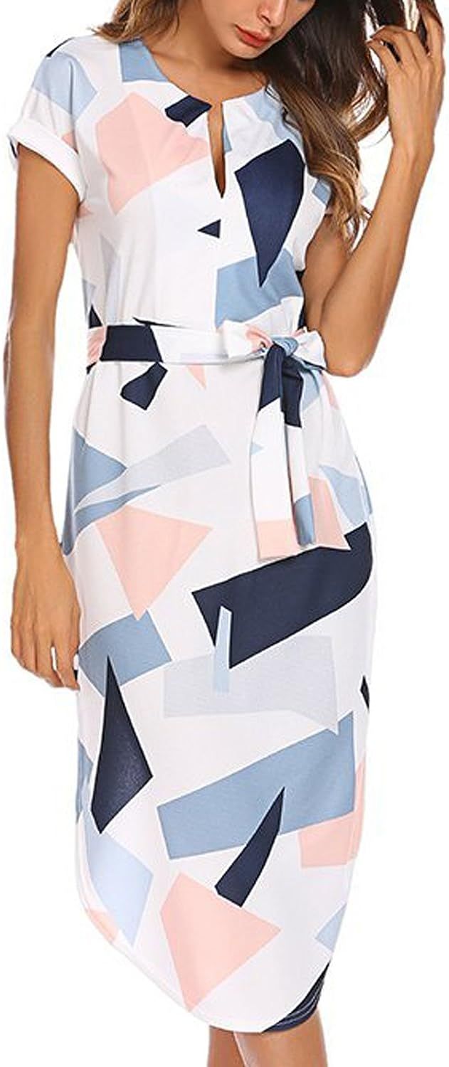 TEMOFON Women's Dresses Summer Floral Geometric Pattern Short Sleeve Midi V-Neck Casual Dress wit... | Amazon (US)