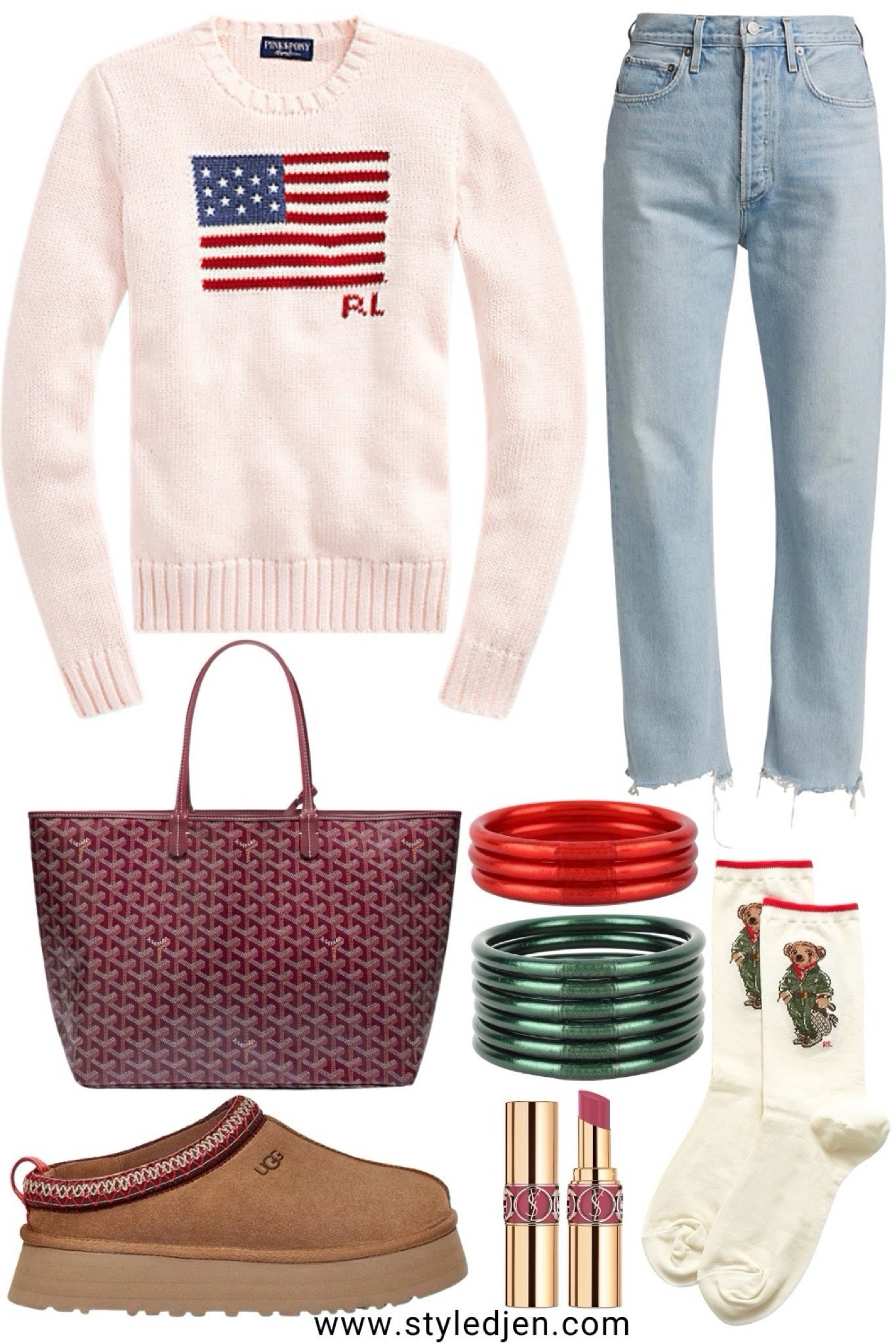 Cozy fall holiday outfit - agolde straight leg jeans (my current faves), American flag sweater, goyard tote, Budhagirl bangles, Ugg tazz, polo Ralph Lauren bear socks




#LTKStyleTip #LTKSeasonal #LTKFindsUnder100