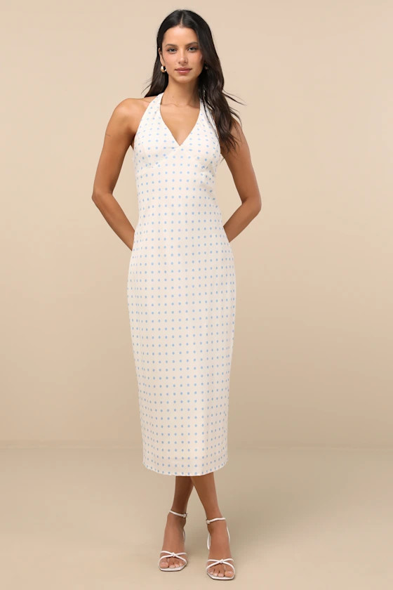 Meara Ivory and Blue Polka Dot Halter Midi Dress | Lulus