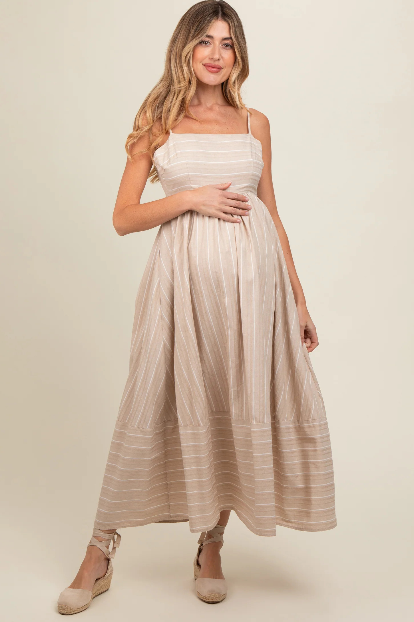 Beige Striped Cutout Back Maternity Maxi Dress | PinkBlush Maternity
