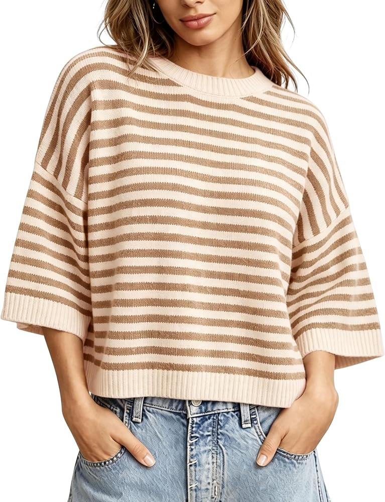 Springrain Women Striped Knit Sweater Crew Neck Tops Pullover | Amazon (US)