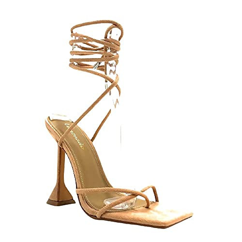 LEMONADE Lace Up Open Toe Chunky High Heel Sandals for women Nude Size 7 | Amazon (US)