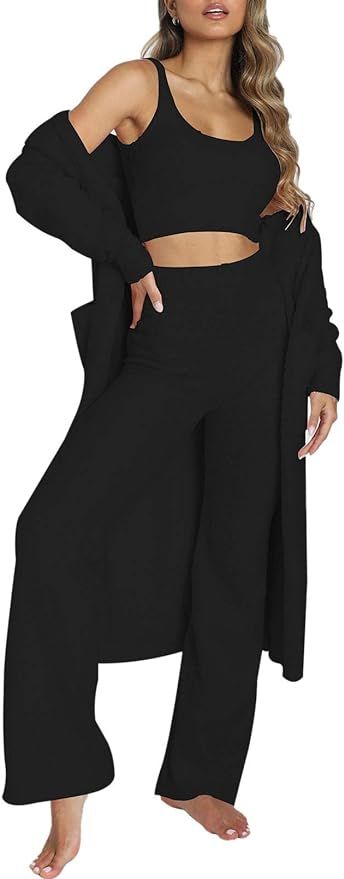 Linsery Women's Fuzzy 3 Piece Sweatsuit Open Front Cardigan Crop Tank Tops Wide Legs Pants Lounge... | Amazon (US)