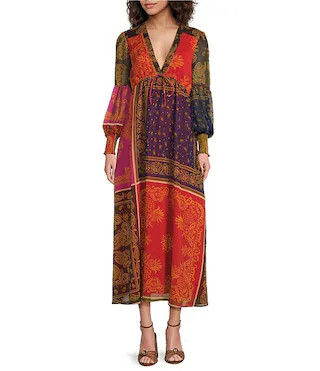 Mila Bandana V-Neckline Half Sleeve Printed Chiffon Maxi Dress | Dillard's