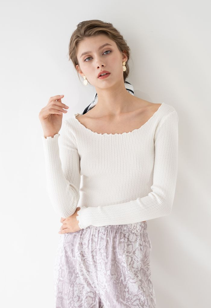 Lettuce-Hem Crop Knit Top in White | Chicwish