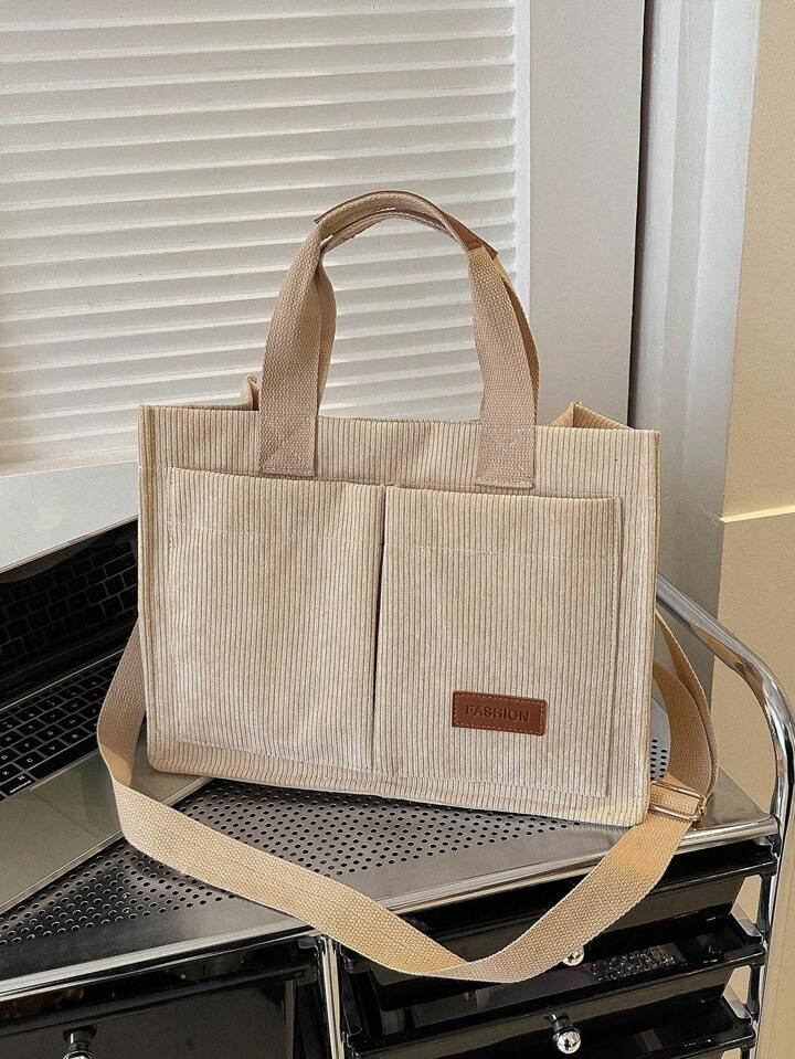 Simple Corduroy Tote Bag, Letter Patch Decor Shoulder Bag, Multi Pockets Crossbody Bag | SHEIN