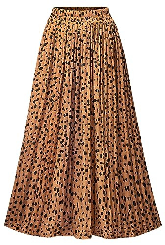 Basoteeuo Pleated Skirts for Women Midi Length Trendy Summer High Waisted A Line Long Skirt Leopard Yellow L | Amazon (US)