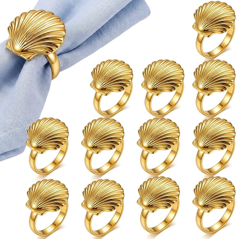 Yungyan 12 Pcs Gold Shell Napkin Rings Bulk Coastal Seashell Beach Napkin Ring Holder Summer Part... | Amazon (US)