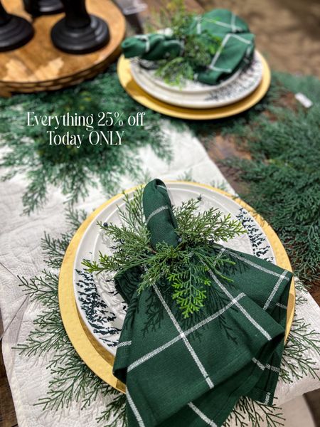 Christmas table setup from Kirkland’s home. Everything 25% off, today only. I love love love these faux Cedar round placements & the whole evergreen collection. Evergreen dinner plates / Serving plate / serving tray / salad plate / soup bowl / napkin ring / table runner 
Christmas party / Christmas Eve Dinner / Christmas morning 

#cedar #kirklands #evergreen #table #setup #christmas 

#LTKHoliday #LTKhome #LTKsalealert