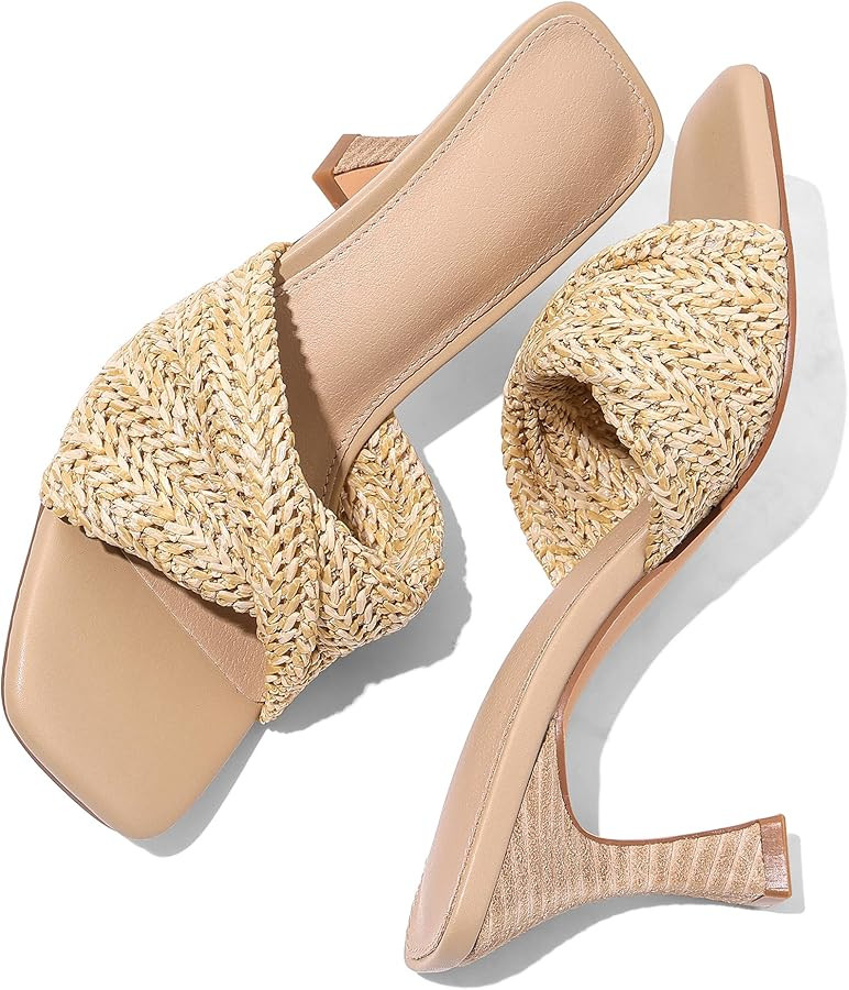 Marc Ford Raffia Heeled Sandals for Women Stiletto Mule Heels Open Square Toe Braided Backless Sl... | Amazon (US)
