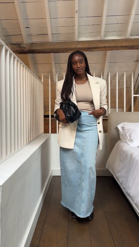 The perfect transitional outfit oversized blazer , a thick tank vest from H&M and a denim maxi skirt from Mango styled with black ballet flats 

#LTKstyletip #LTKmidsize #LTKeurope