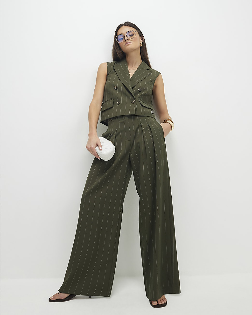 Green pinstripe wide leg trousers | River Island UK & IE