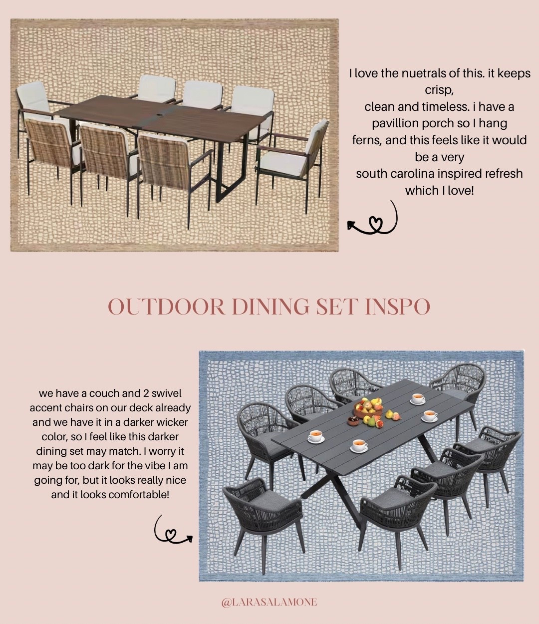 here is some inspo for outdoor dining sets we are interested in! I am definitely leanint toward the one on the top left - I love the cane backing and think it is a natural and timeless look! let me know if you have any outdoor furniture you love and recommend.

#LTKHome #LTKSeasonal