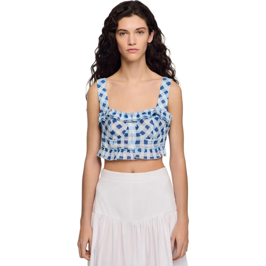 SANDRO Gingham linen crop top in Blu /White at Nordstrom, Size Medium | Nordstrom