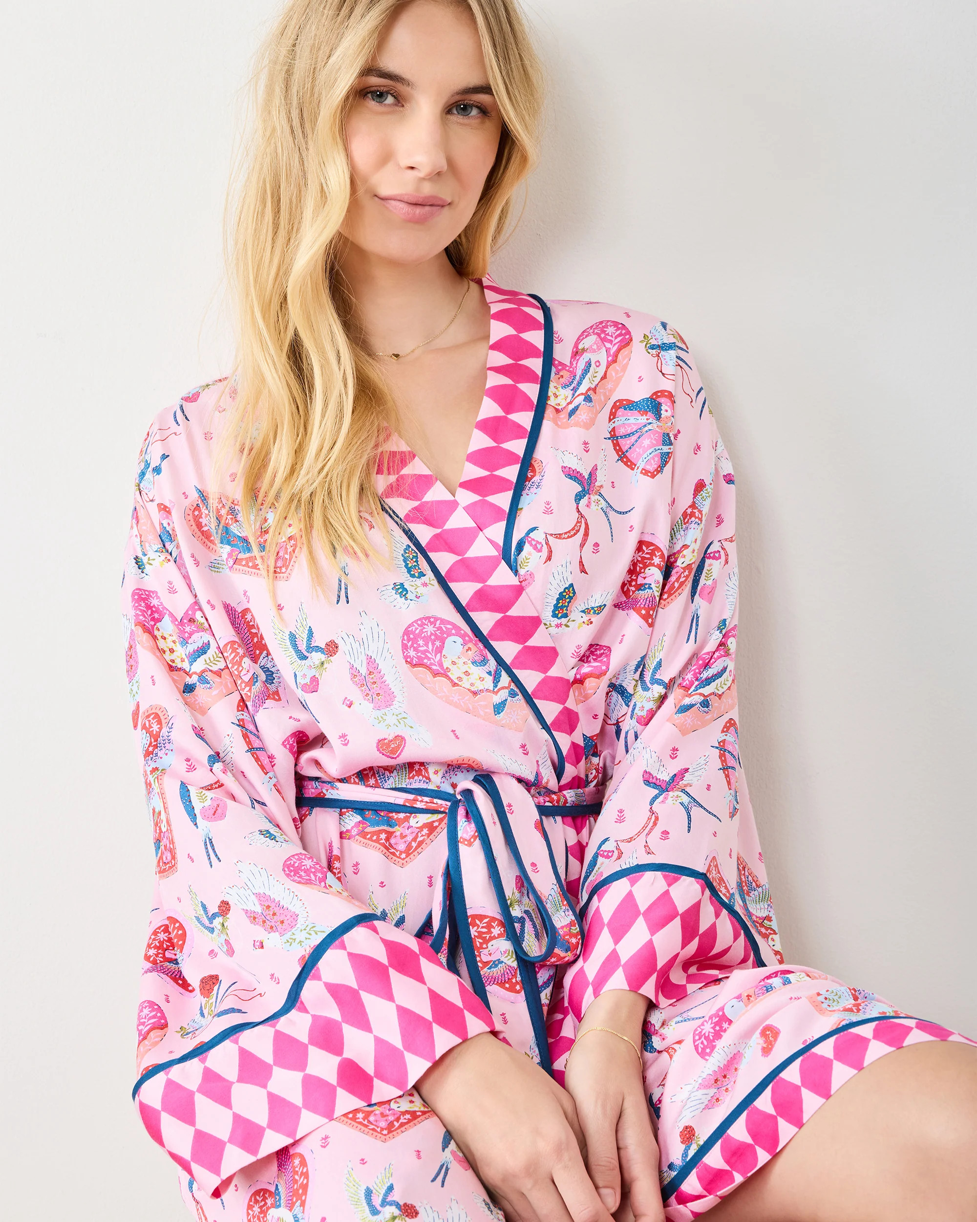 Swooning Sparrows - Eco Satin Robe - Pink Petal | Printfresh