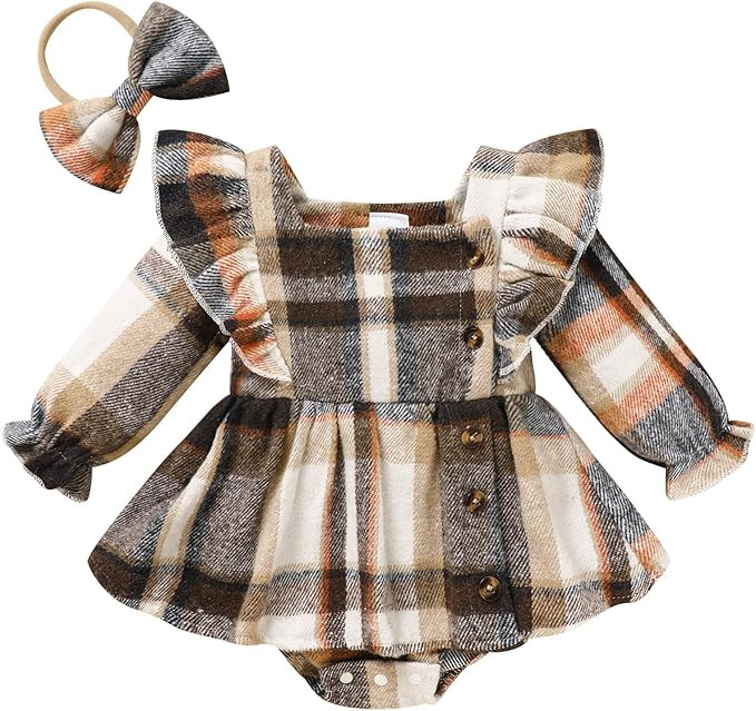 Newborn Baby Girl Fall Winter Clothes Plaid Long Sleeve Romper Buttons Outfit Ruffles Dress with ... | Amazon (US)