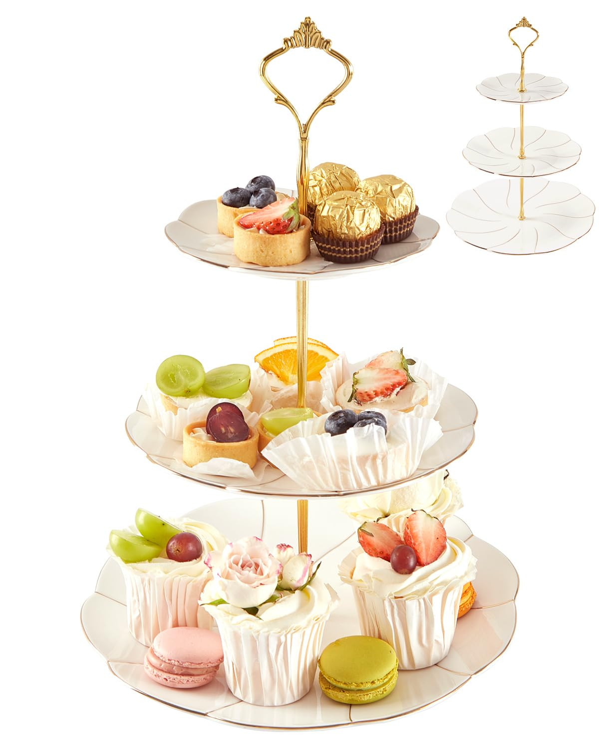 DUJUST Luxury Porcelain 3-Tier Cupcake Stand Tower, British Style Serving Tray with Golden Trim, ... | Amazon (US)