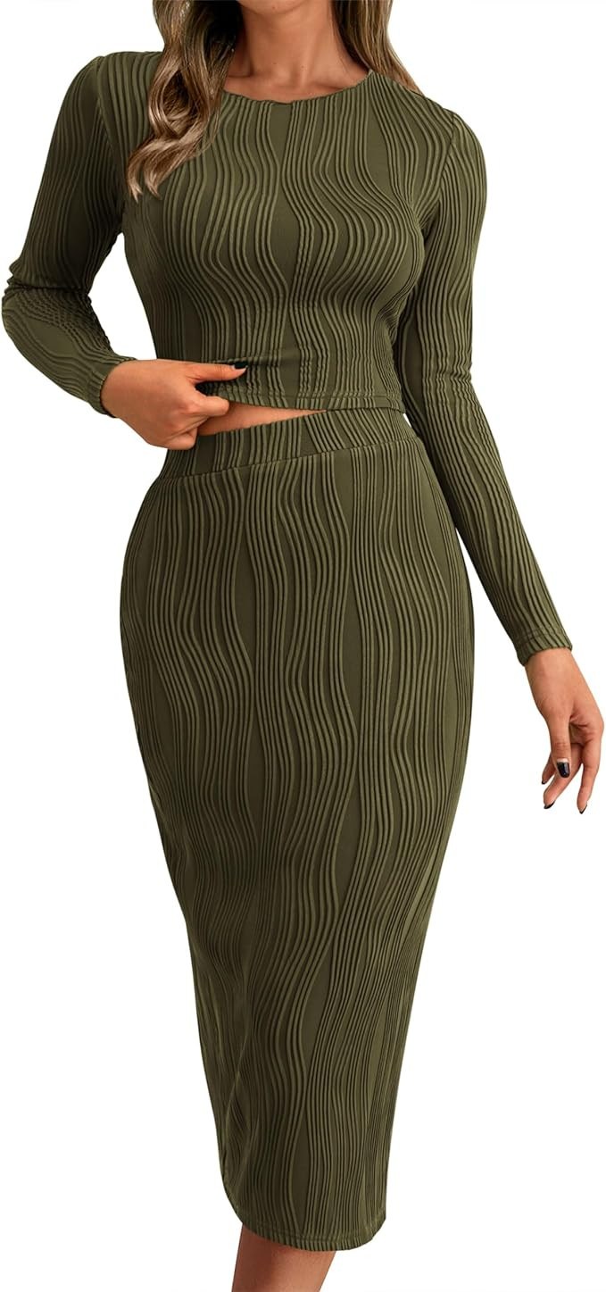 dowerme Women's Fall 2 Piece Outfits Casual Long Sleeve Crewneck Crop Tops Knit High Waist Bodyco... | Amazon (US)