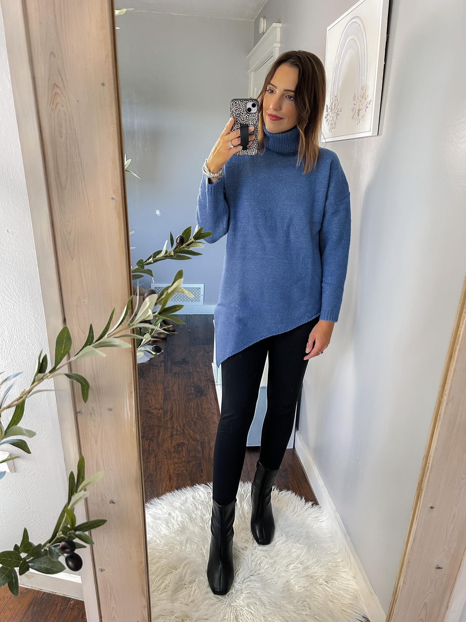 Amazon sweater / Turtleneck asymmetric hem blue sweater / leggings sweater — TTS, S
Target leggings — TTS, M
Target black booties — TTS
Victoria Emerson cuff bracelet
White round shag rug

#LTKSeasonal #LTKstyletip #LTKfindsunder50