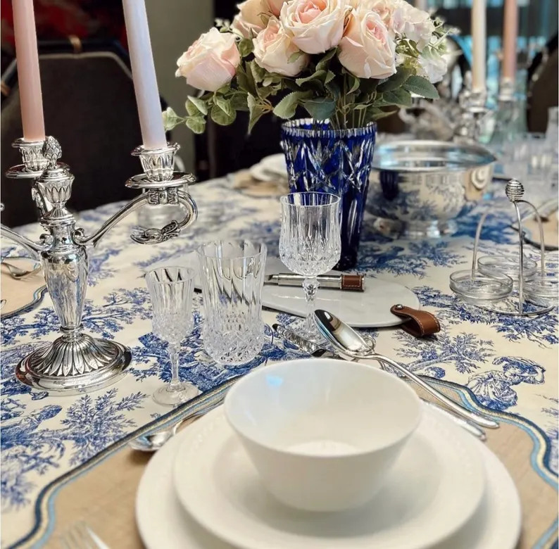 Vintage Blue Chinoiserie Tablecloth: Cotton Blend Dining Table Linen | Etsy (US)
