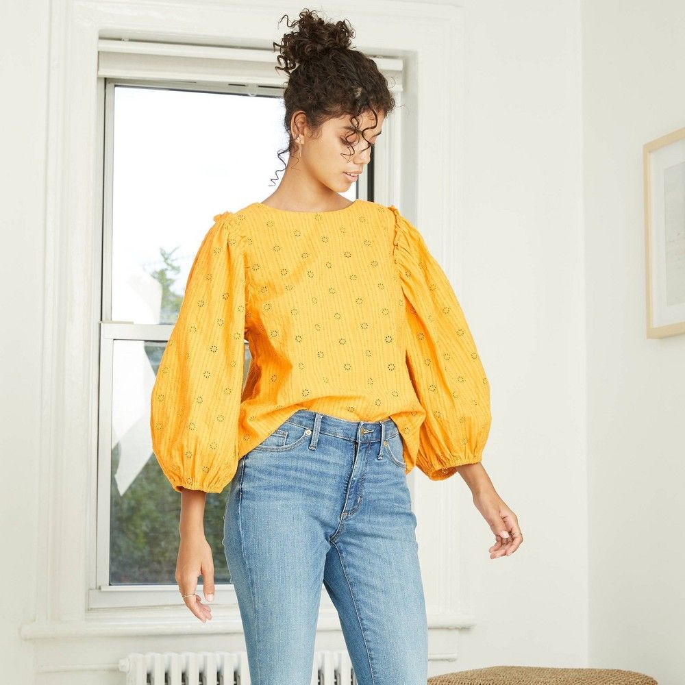 Women's Striped Puff 3/4 Sleeve Eyelet Blouse - Universal Thread Yellow S | Target