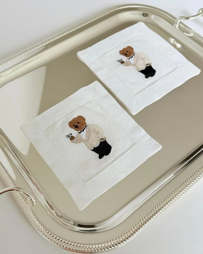 Embroidered Linen Cocktail Napkins: Tuxedo Bear Design, Ralph Lauren Style, Set of 2 - Etsy | Etsy (US)