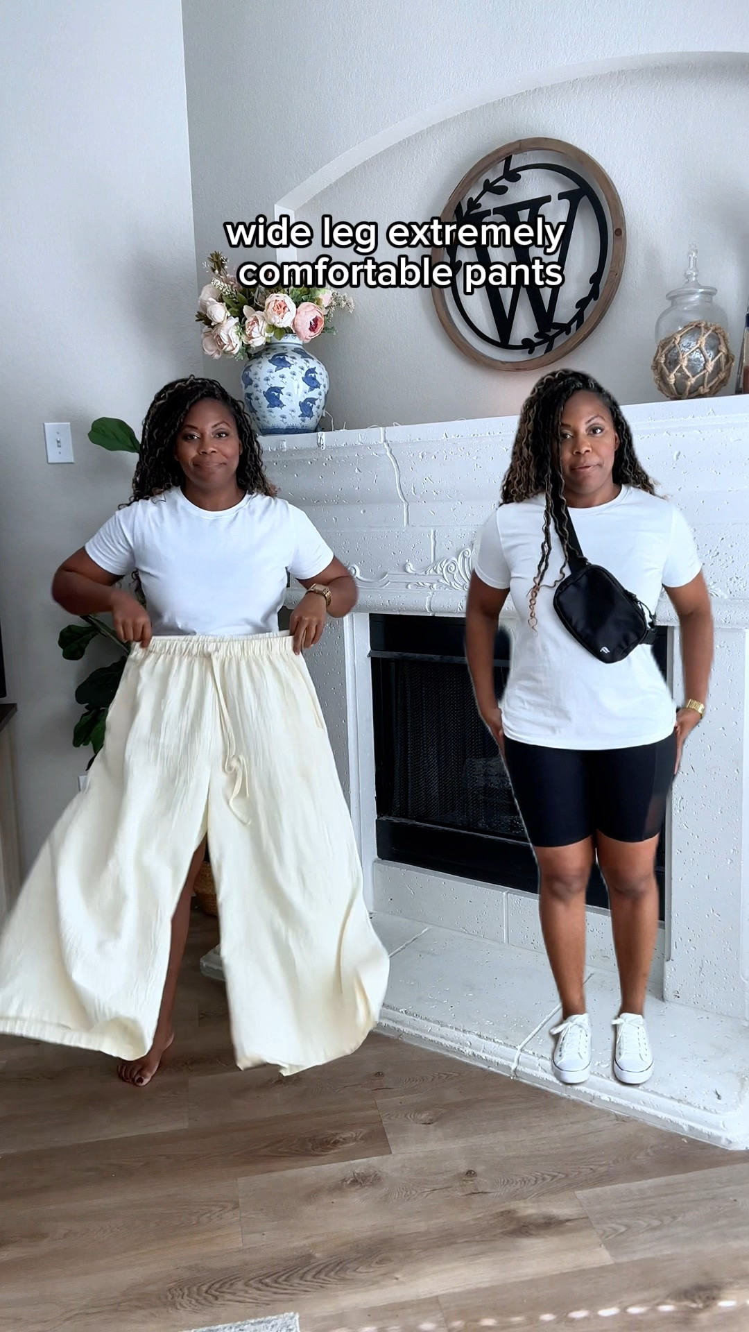 These pants are slightly cropped and I’m 5’3 so if you’re taller, I would definitely go with the Target version I linked that’s awesome as well! 

Millennial mom outfit upgrade!!

-Both are cute, we’re just fixing the proportions a bit.
-I added my favorite wide leg pants (these can be a bit craft if you’re taller so I’ve added my favorite target version for the taller girlies) and kept the T-shirt while adding a few updated, fun and cute  accessories.