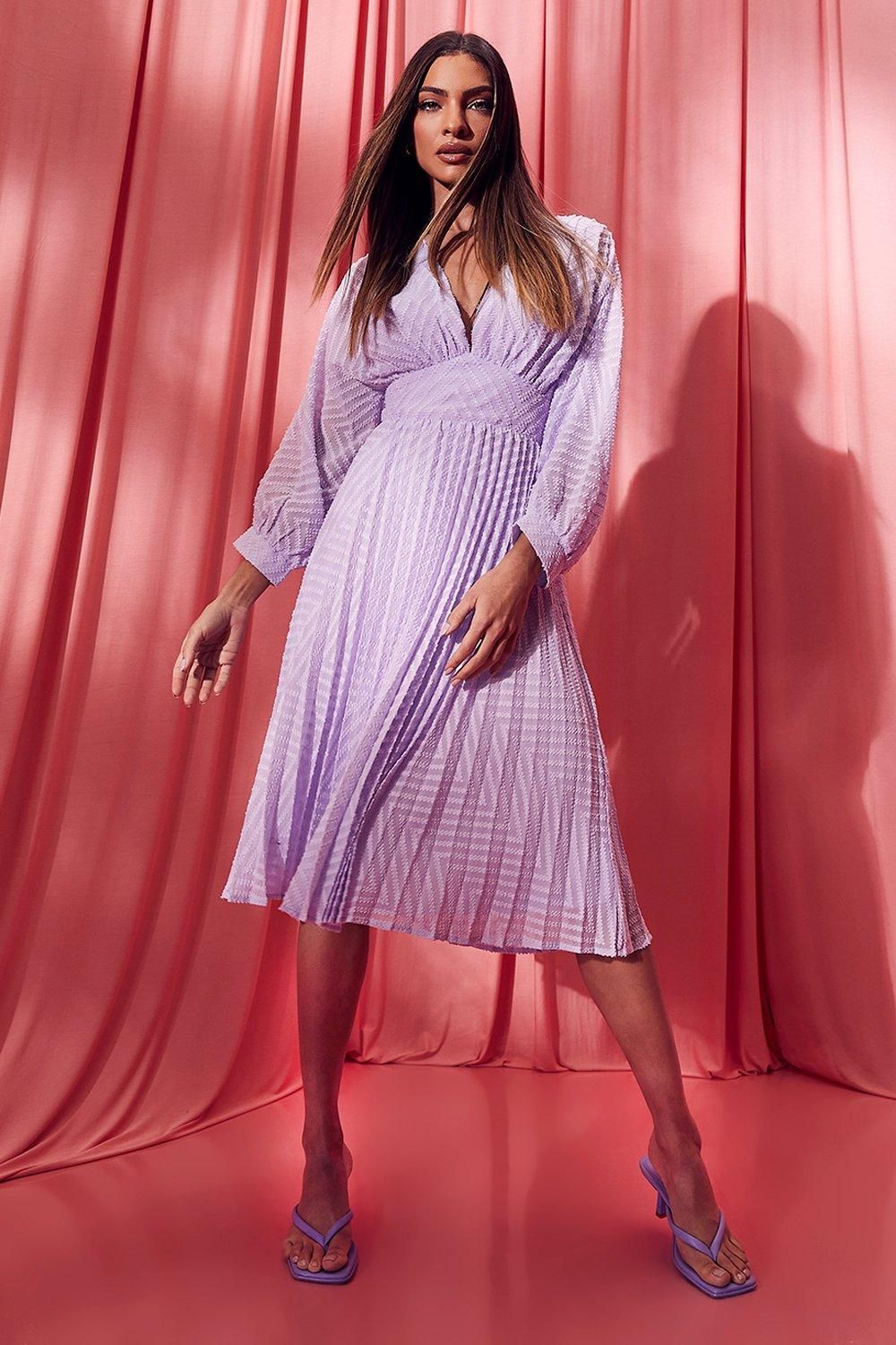 Dobby Mesh Pleated Balloon Sleeve Midi Dress | Boohoo.com (US & CA)