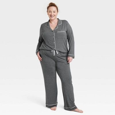 Women's Beautifully Soft Long Sleeve Notch Collar Top and Pants Pajama Set - Stars Above™ Heath... | Target