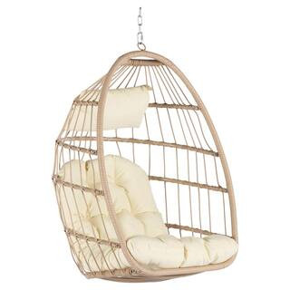 Sudzendf 2.38 ft. Outdoor Wicker Egg Hanging Hammock Chair with Cushion in Khaki LN20232704 - The... | The Home Depot
