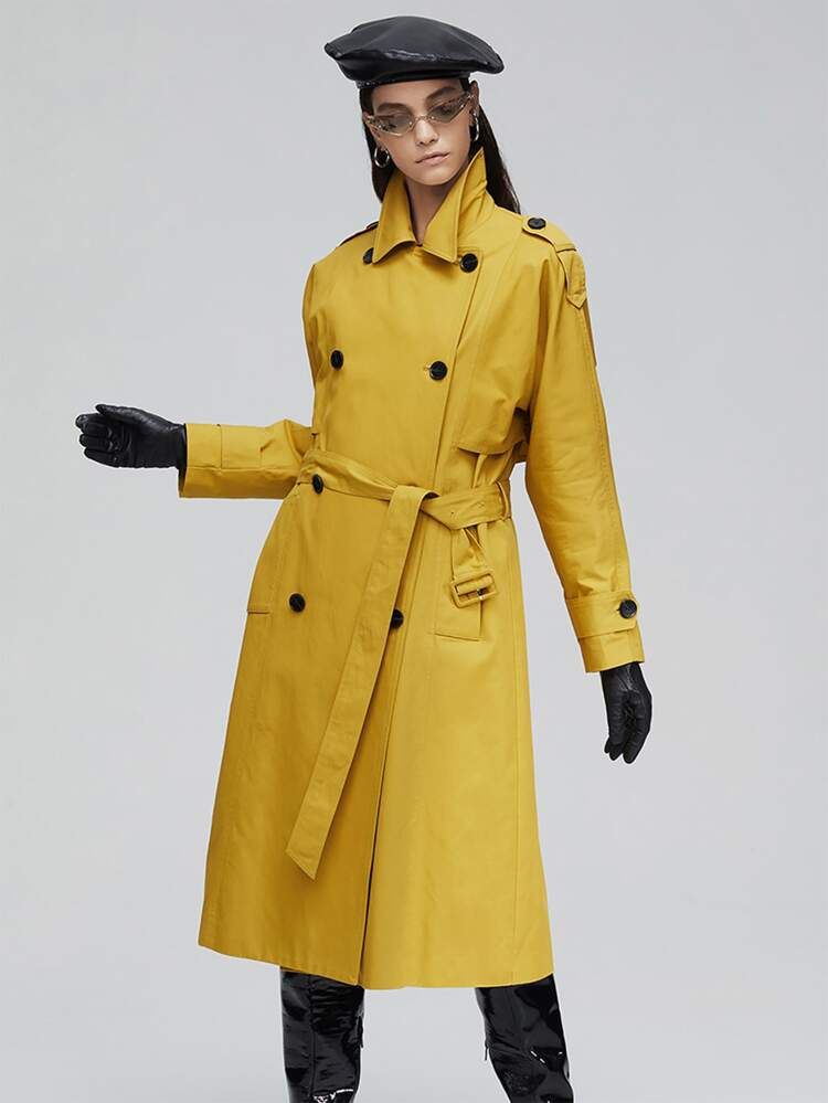 JAZZEVAR Double Button Belted Trench Coat | SHEIN