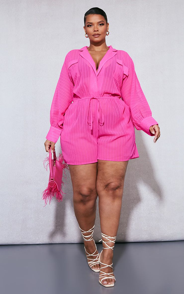 Plus Hot Pink Sheer Romper | PrettyLittleThing US