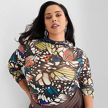 new!Ashley Graham Mesh Print Womens Plus Mock Neck Long Sleeve T-Shirt | JCPenney