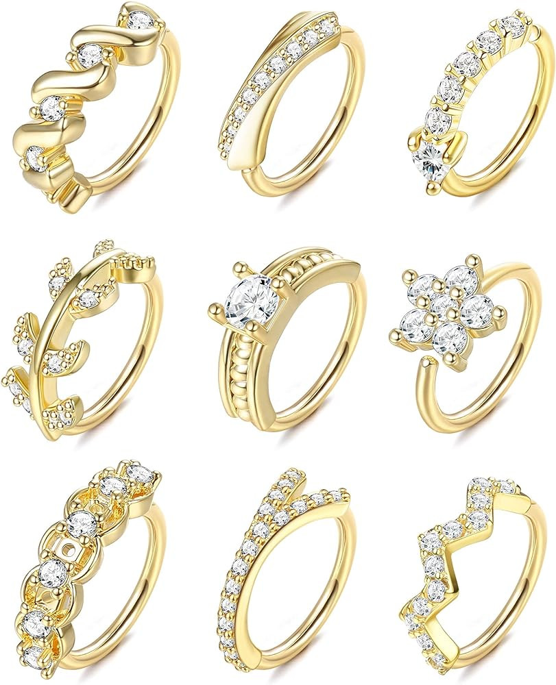 UBGICIG 9Pcs 20G Stainless Steel Nose Rings Hoop for Women Men Paved CZ Cute Cartilage Helix Earr... | Amazon (US)