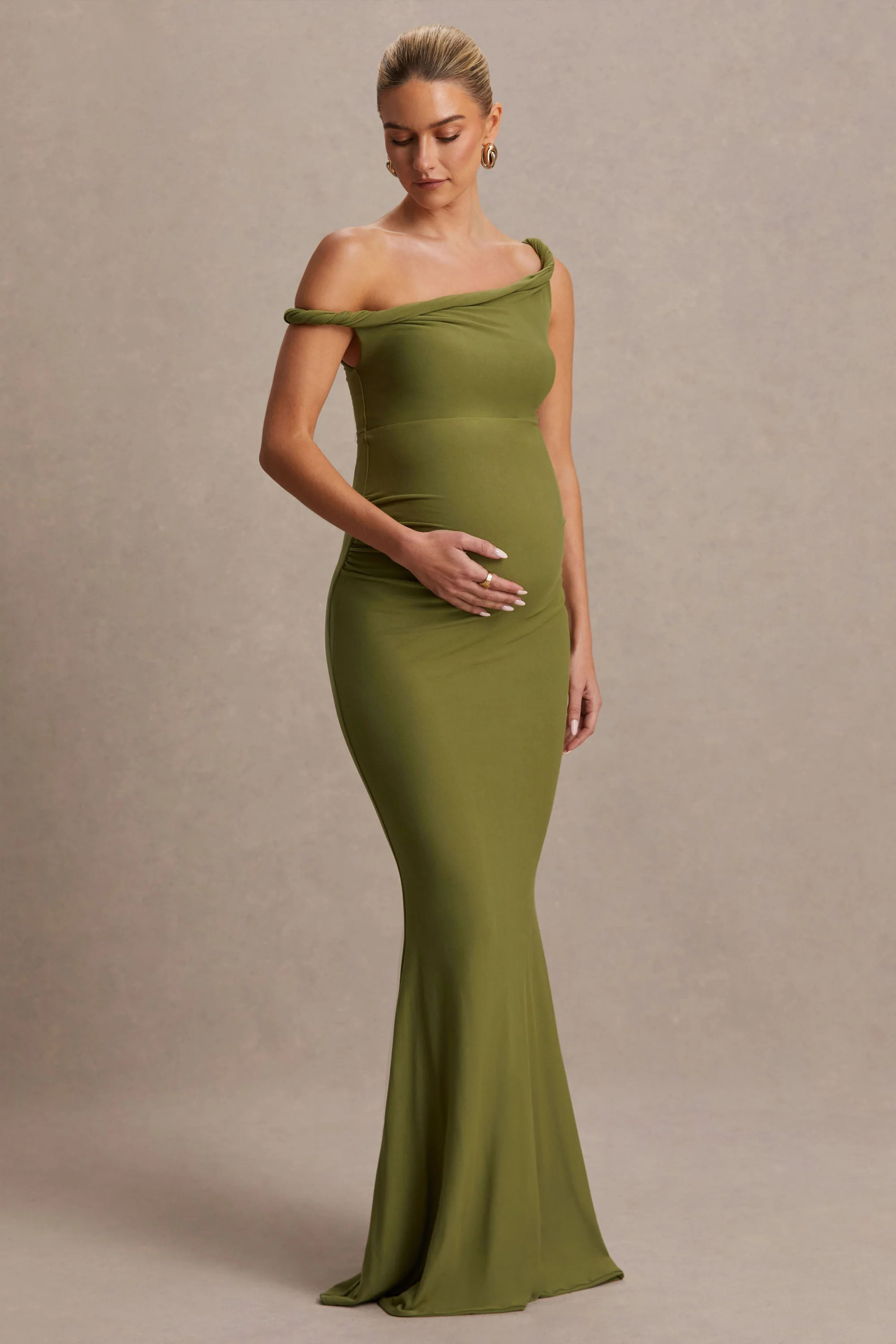 Lita  Olive Twisted Asymmetric Maternity Maxi Dress | Club L London