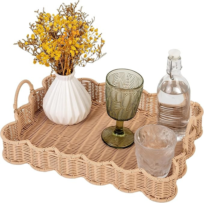 GRANNY SAYS Scalloped Edge Rectangle Wicker Serving Tray, Coffee Table Tray, Serving Trays with H... | Amazon (US)