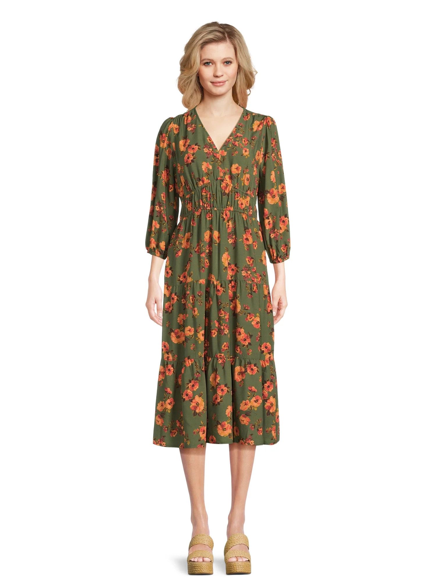 Time and Tru Women’s 3/4 Sleeve Midi Dress, Sizes XS-XXXL - Walmart.com | Walmart (US)